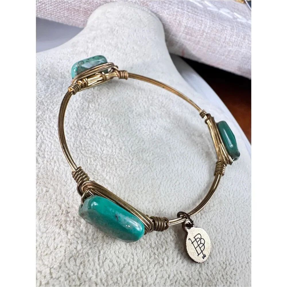 Bourbon and Bowties Gold-Tone Wire Bangle with Teal Green Stones